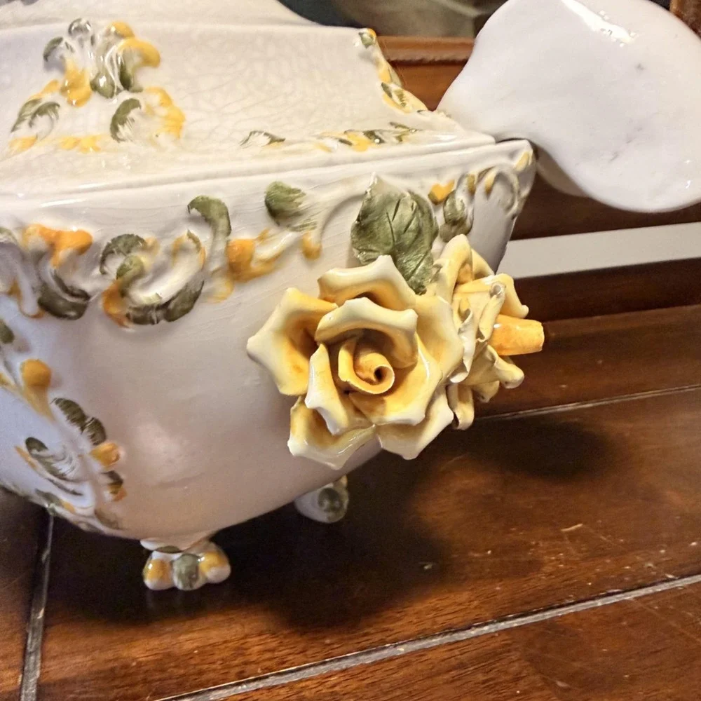 Ornate Ceramic Floral Soup Tureen Bowl With Lid Ladle Yellow Rose Rococo 10x13